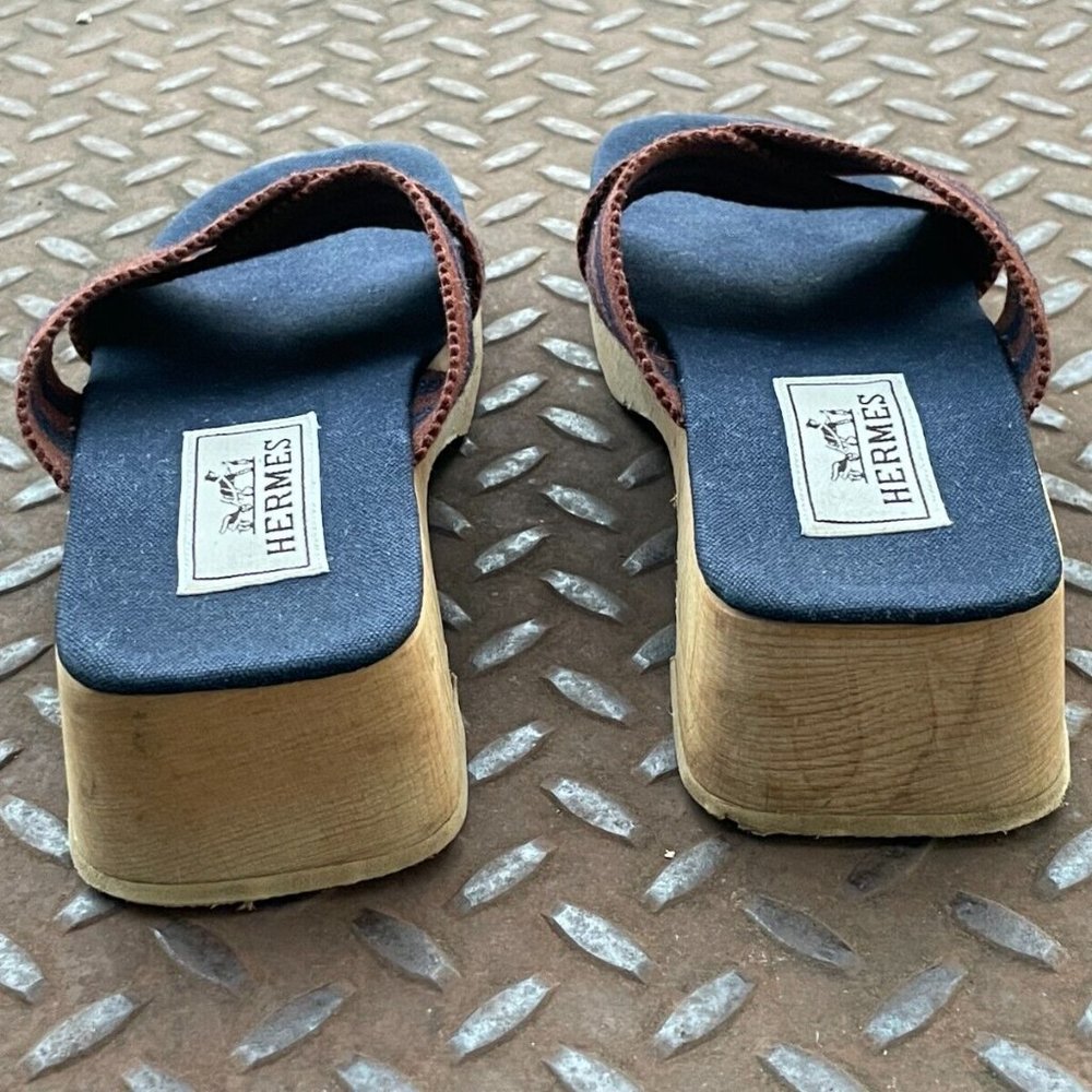 Hermes Women Sandals Canvas Navy Tan Ribbon Strap Wooden Heel Shoes Size 36/5 - Picture 8 of 12